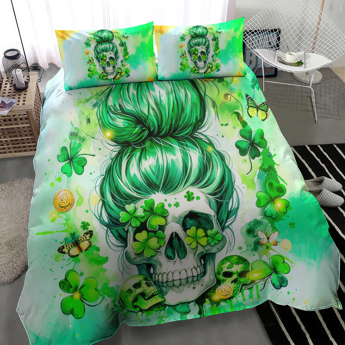 Green bedding set with skull artwork, shamrocks, and decorative butterfly details