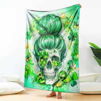 Green skull throw blanket with clover shamrocks and teal-haired girl graphic