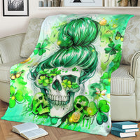 Green skull throw blanket with teal-haired girl portrait and clover shamrocks