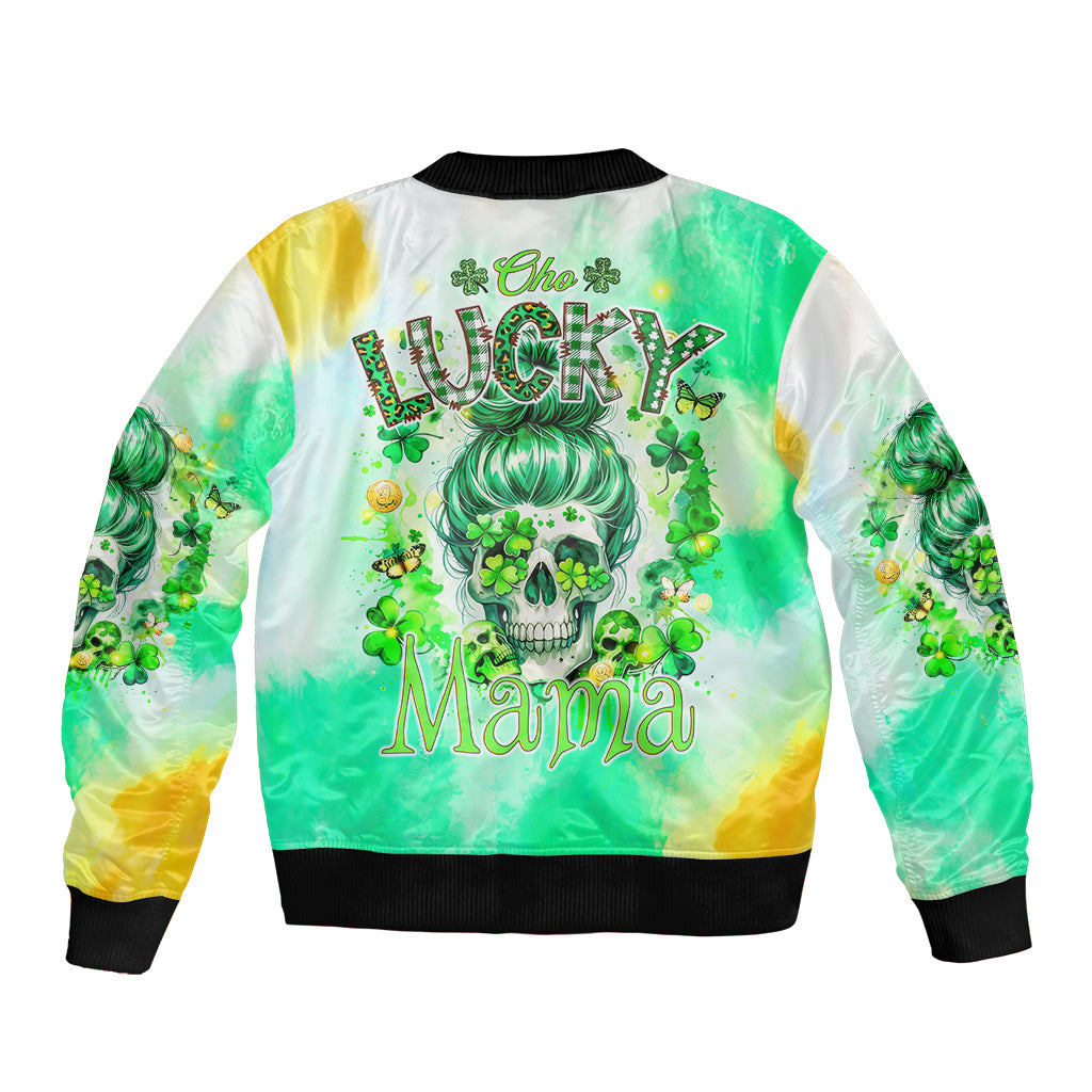 Unisex green and white skull shamrock bomber jacket, ribbed collar and cuffs