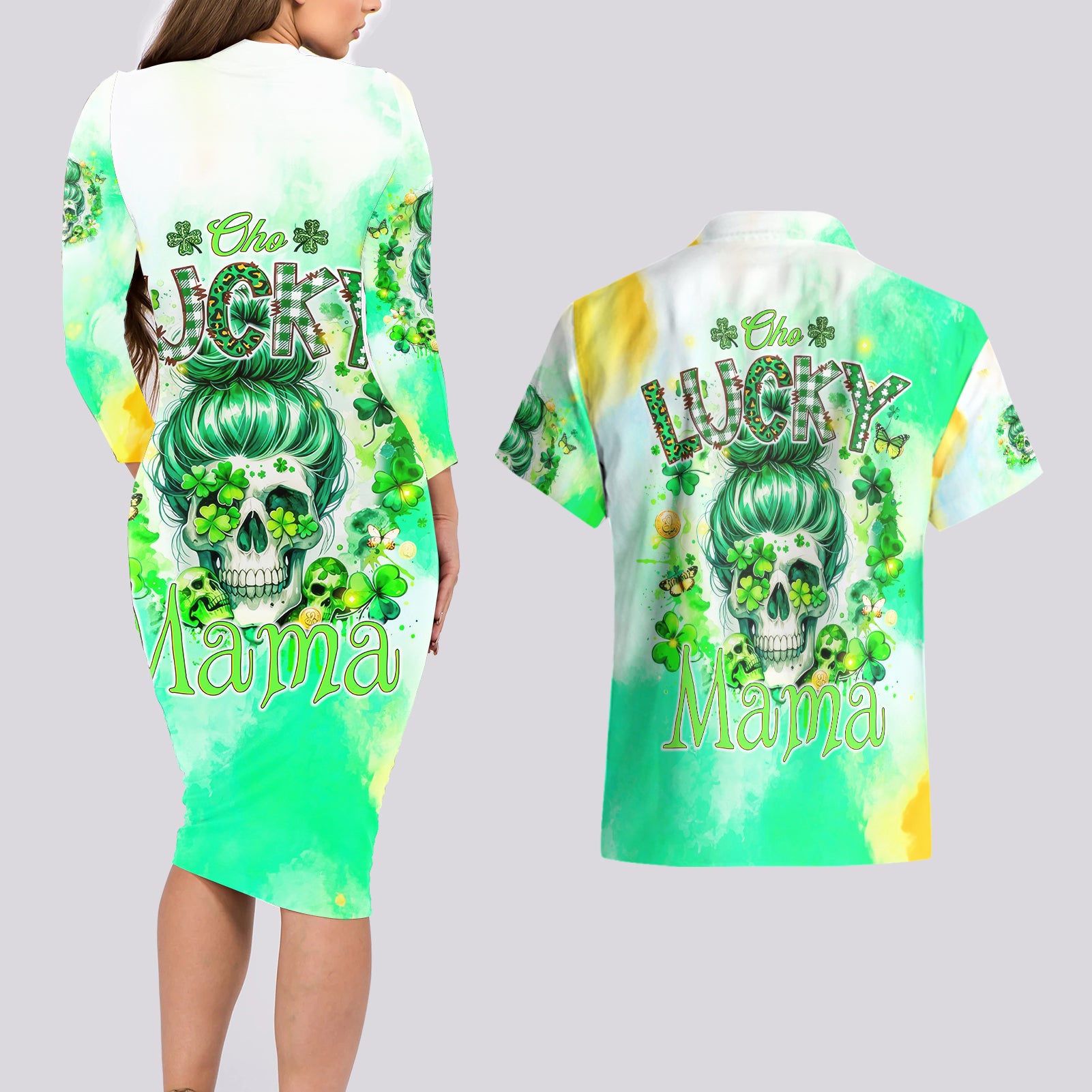 Irish Skull Couples Matching Long Sleeve Bodycon Dress and Hawaiian Shirt Oho Lucky Mama - Wonder Print Shop