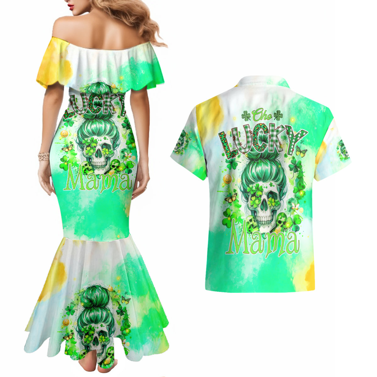 Irish Skull Couples Matching Mermaid Dress and Hawaiian Shirt Oho Lucky Mama - Wonder Print Shop