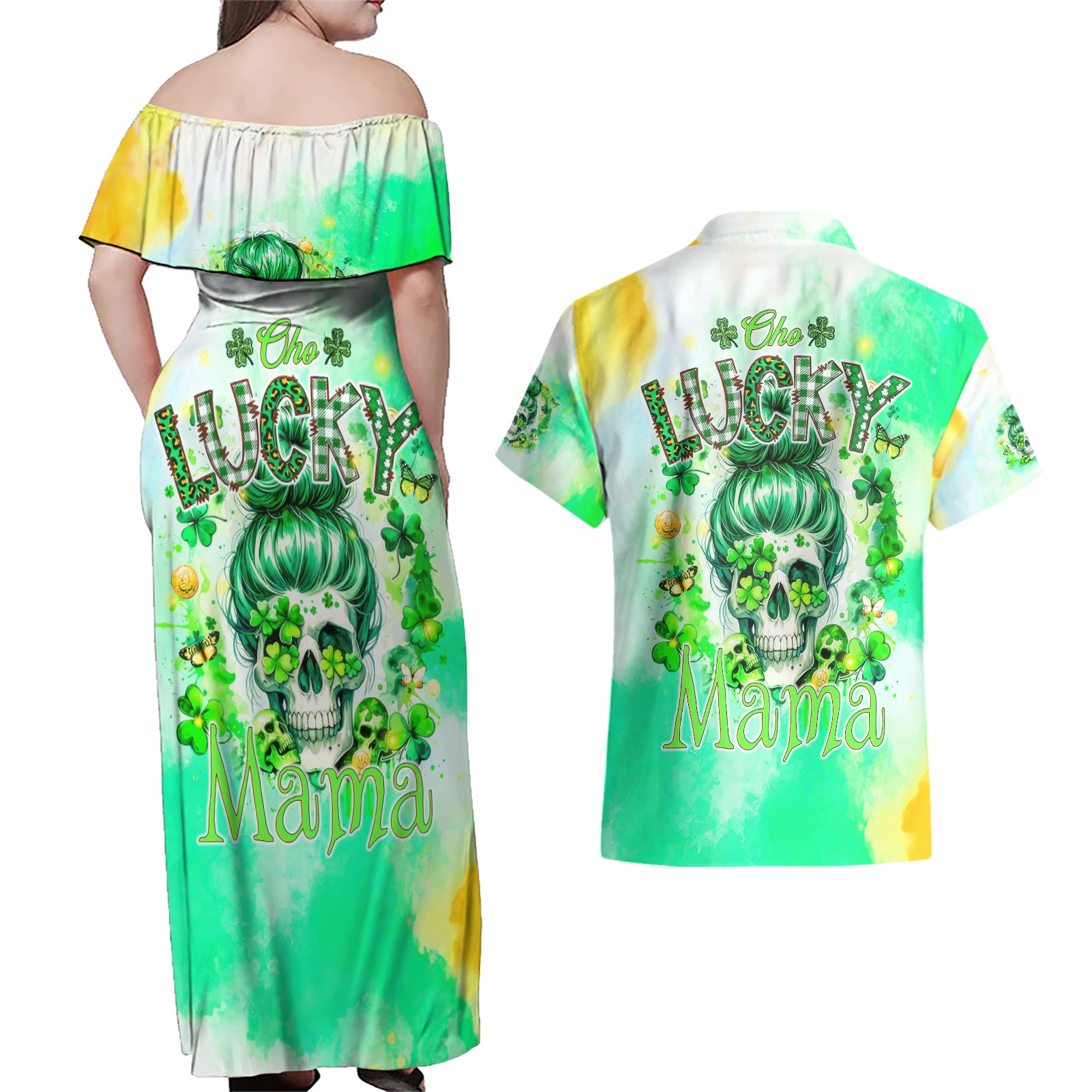 Irish Skull Couples Matching Off Shoulder Maxi Dress and Hawaiian Shirt Oho Lucky Mama - Wonder Print Shop