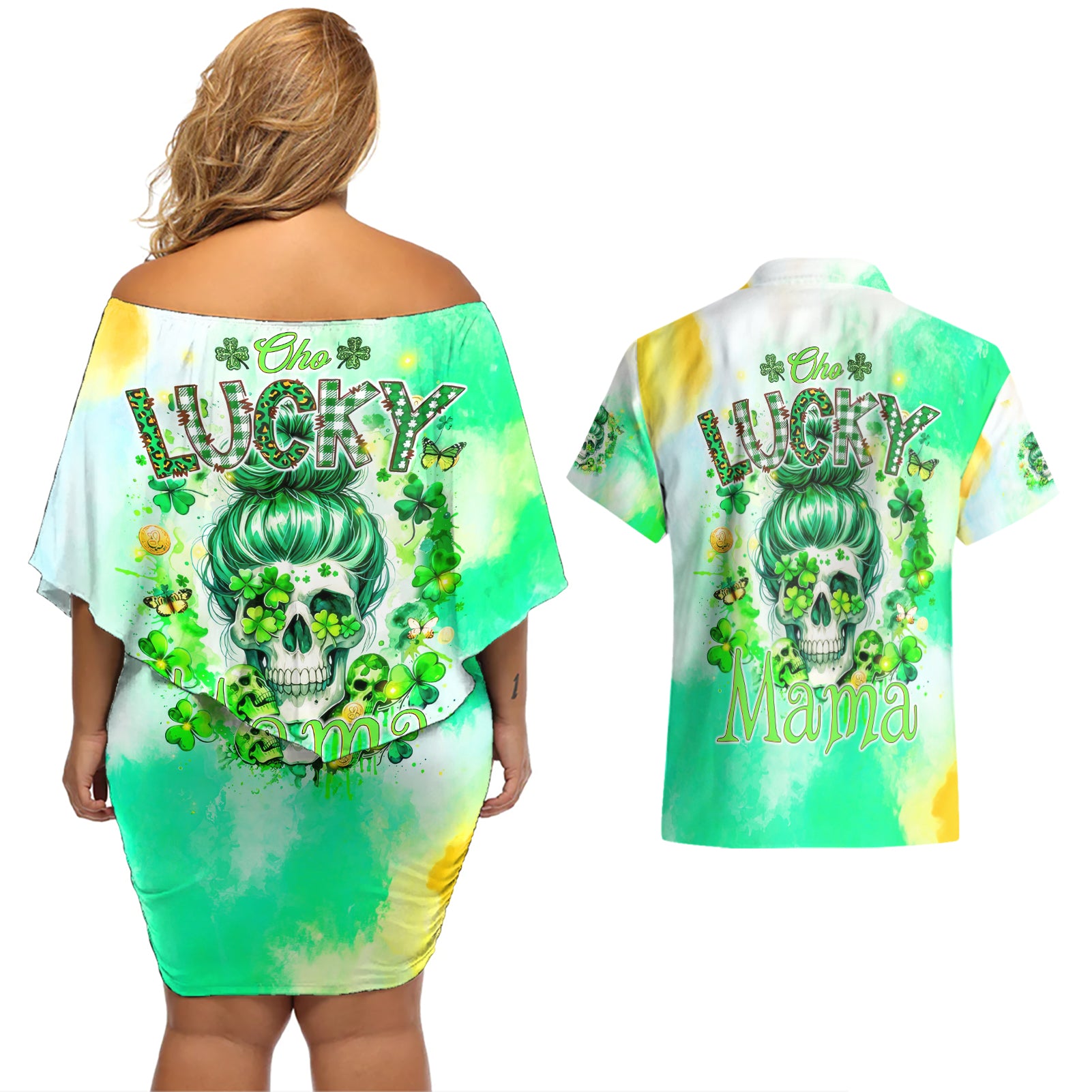 Irish Skull Couples Matching Off Shoulder Short Dress and Hawaiian Shirt Oho Lucky Mama - Wonder Print Shop