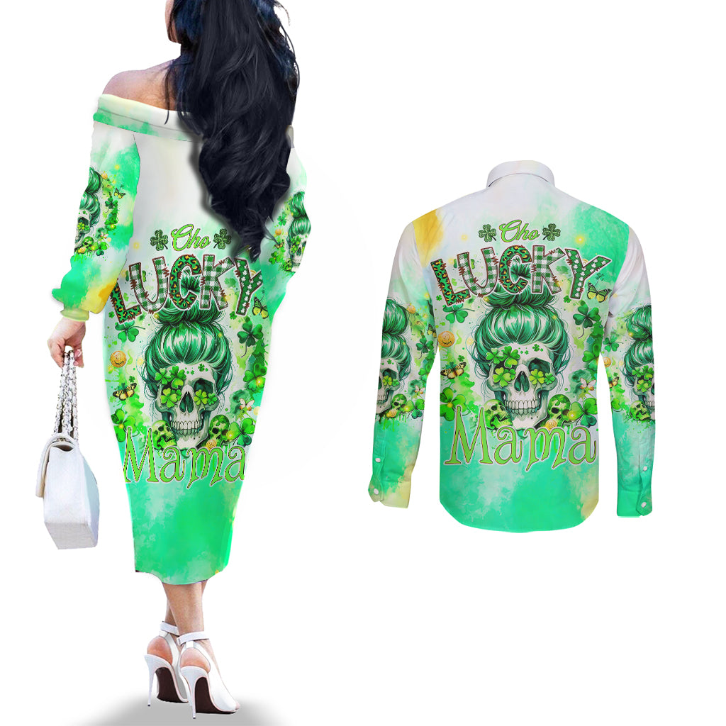 Irish Skull Couples Matching Off The Shoulder Long Sleeve Dress and Long Sleeve Button Shirt Oho Lucky Mama