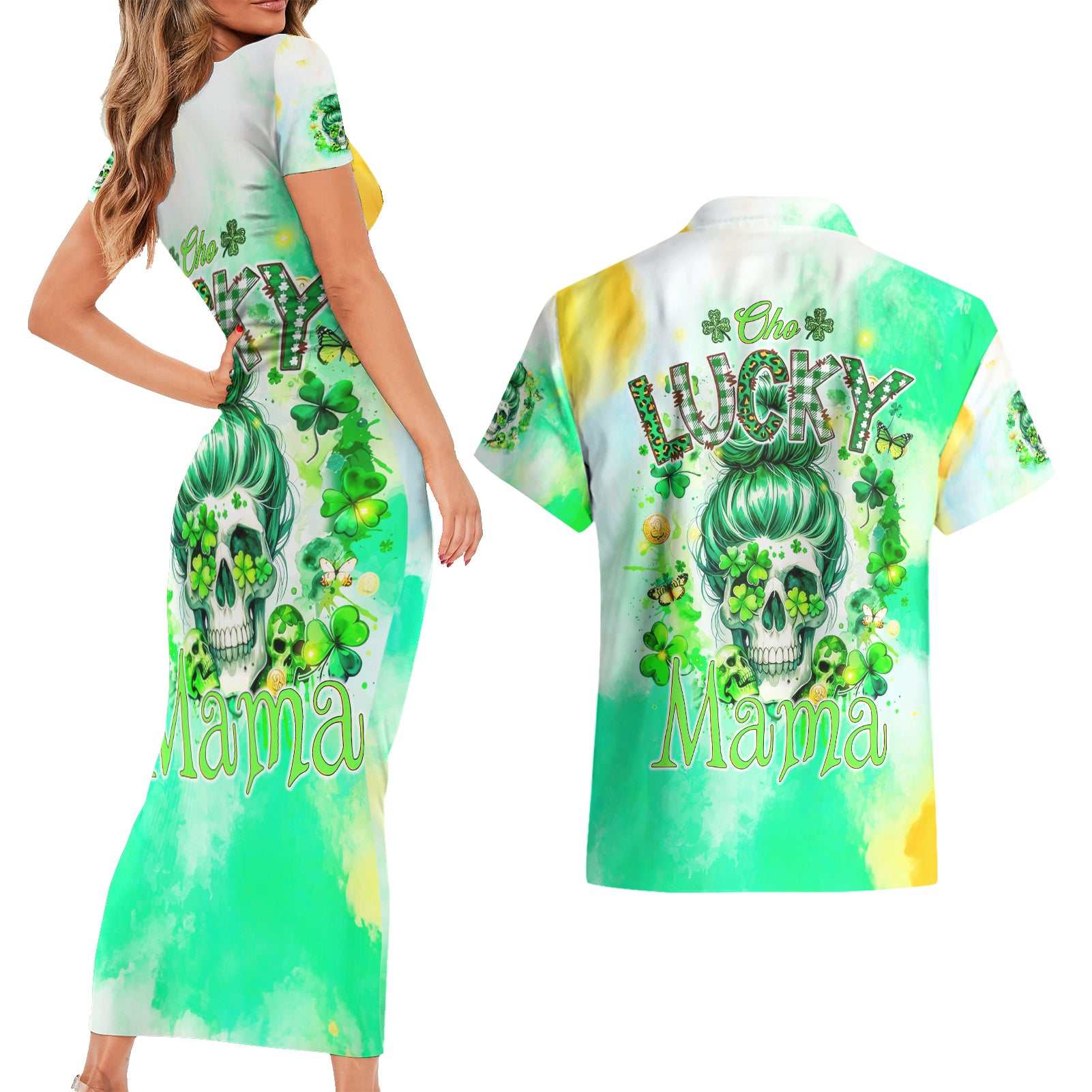 Irish Skull Couples Matching Short Sleeve Bodycon Dress and Hawaiian Shirt Oho Lucky Mama - Wonder Print Shop