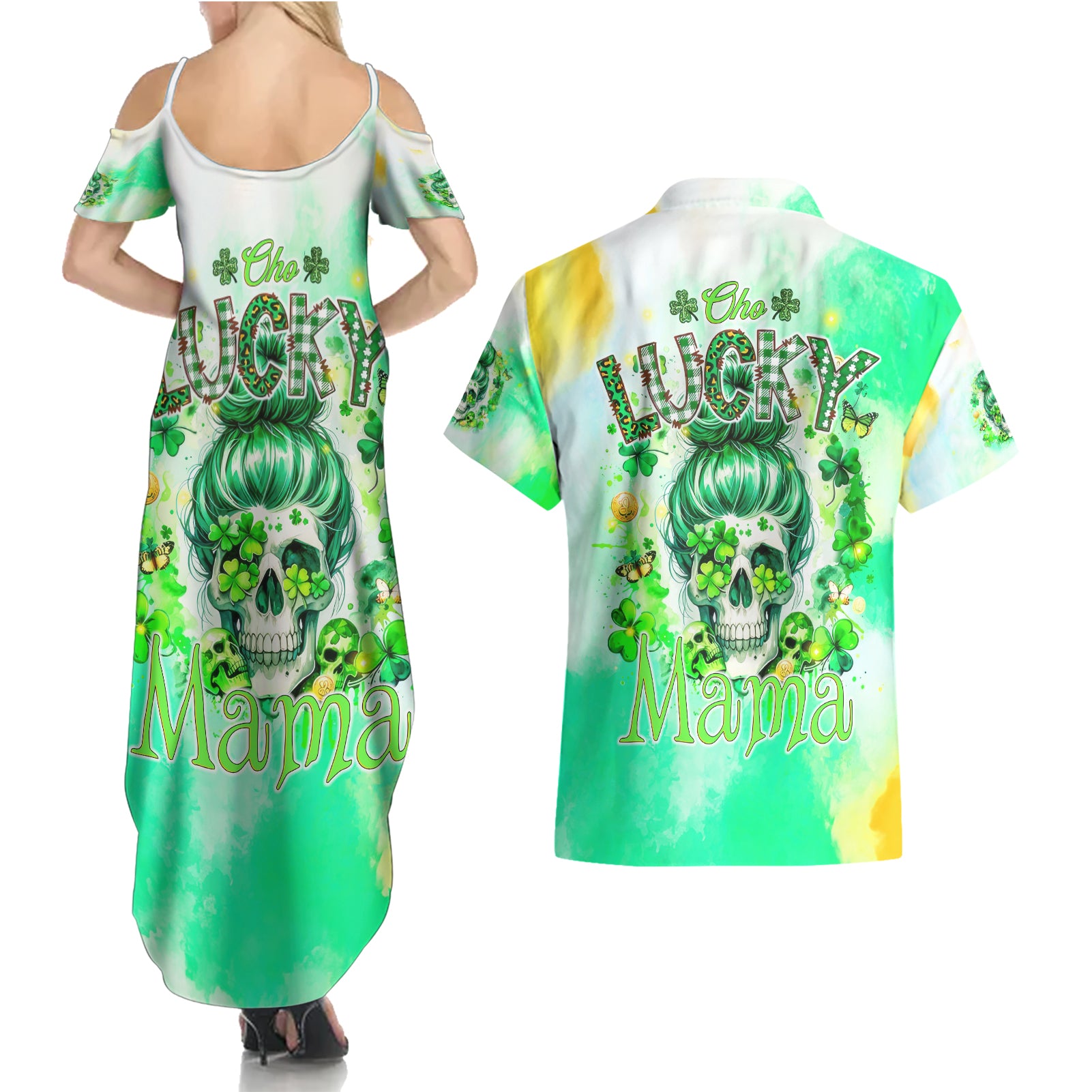 Irish Skull Couples Matching Summer Maxi Dress and Hawaiian Shirt Oho Lucky Mama - Wonder Print Shop