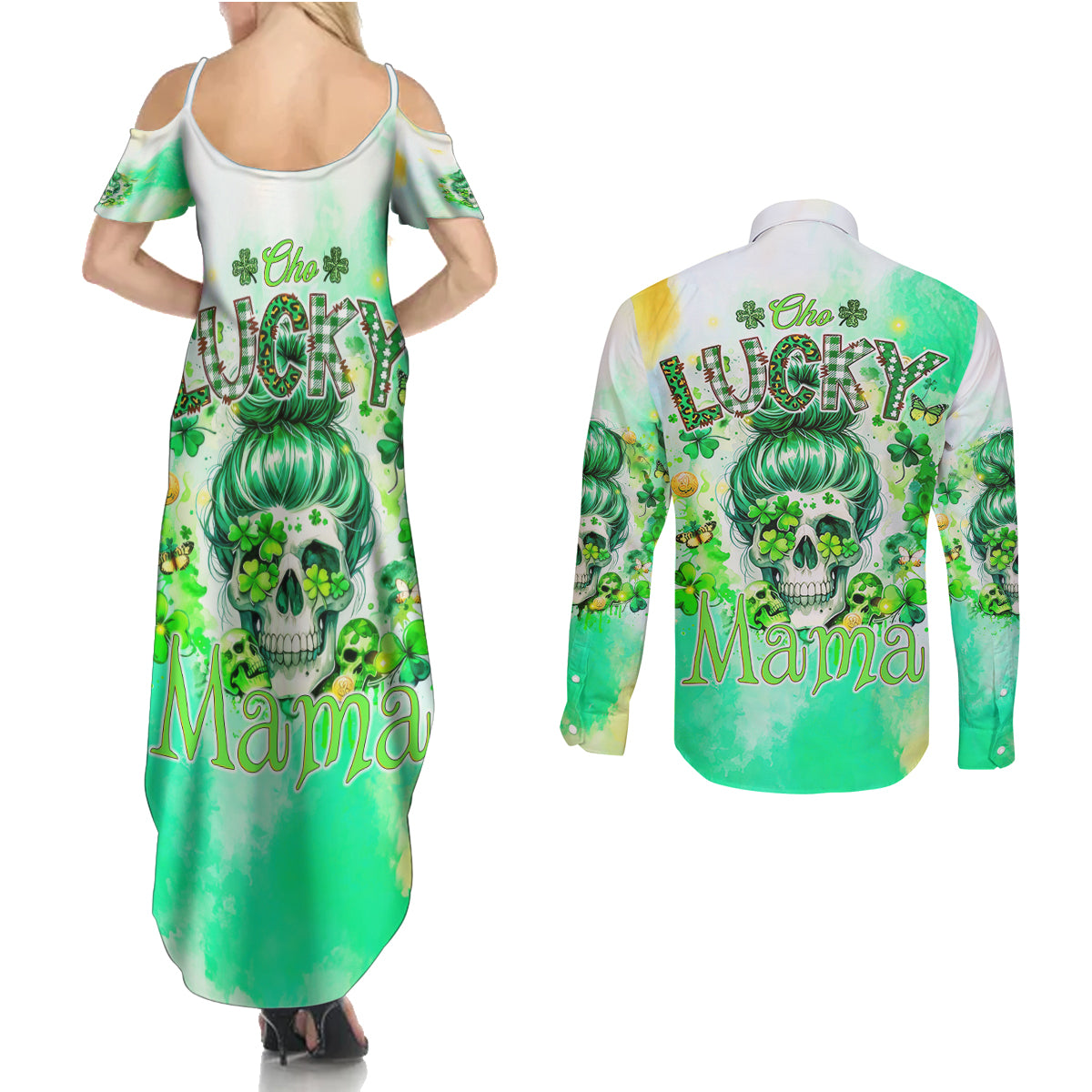 Irish Skull Couples Matching Summer Maxi Dress and Long Sleeve Button Shirt Oho Lucky Mama - Wonder Print Shop