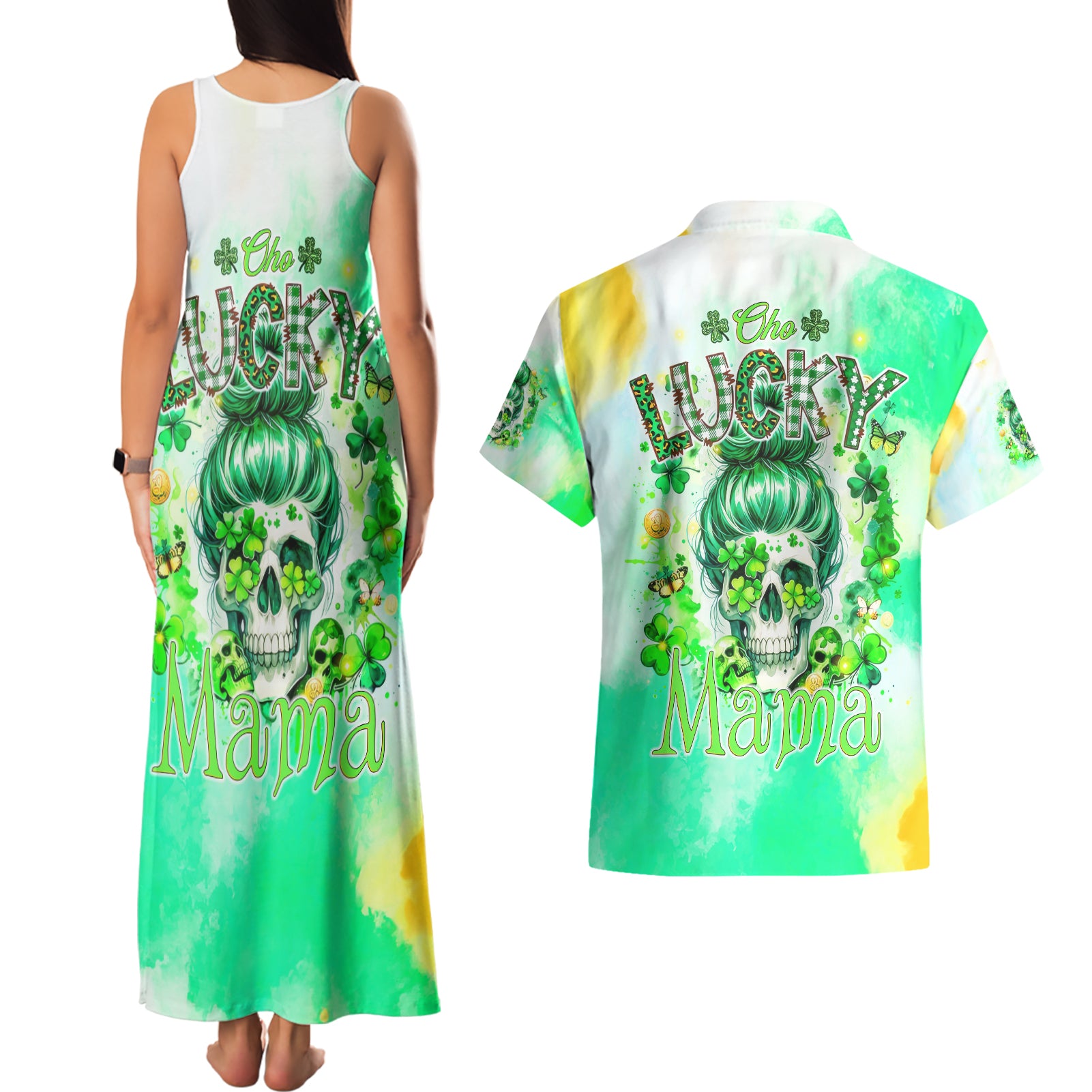 Irish Skull Couples Matching Tank Maxi Dress and Hawaiian Shirt Oho Lucky Mama - Wonder Print Shop