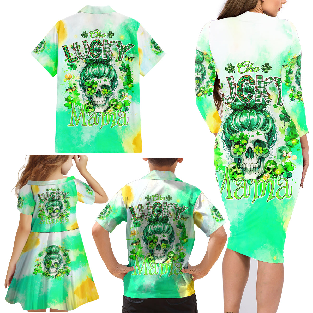 Irish Skull Family Matching Long Sleeve Bodycon Dress and Hawaiian Shirt Oho Lucky Mama - Wonder Print Shop