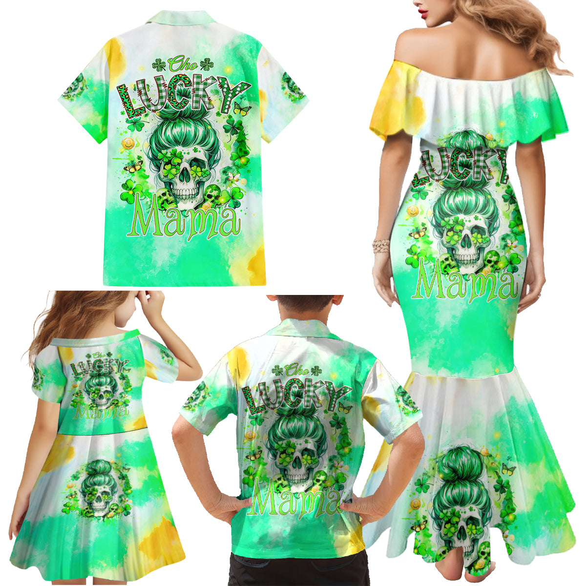 Irish Skull Family Matching Mermaid Dress and Hawaiian Shirt Oho Lucky Mama - Wonder Print Shop