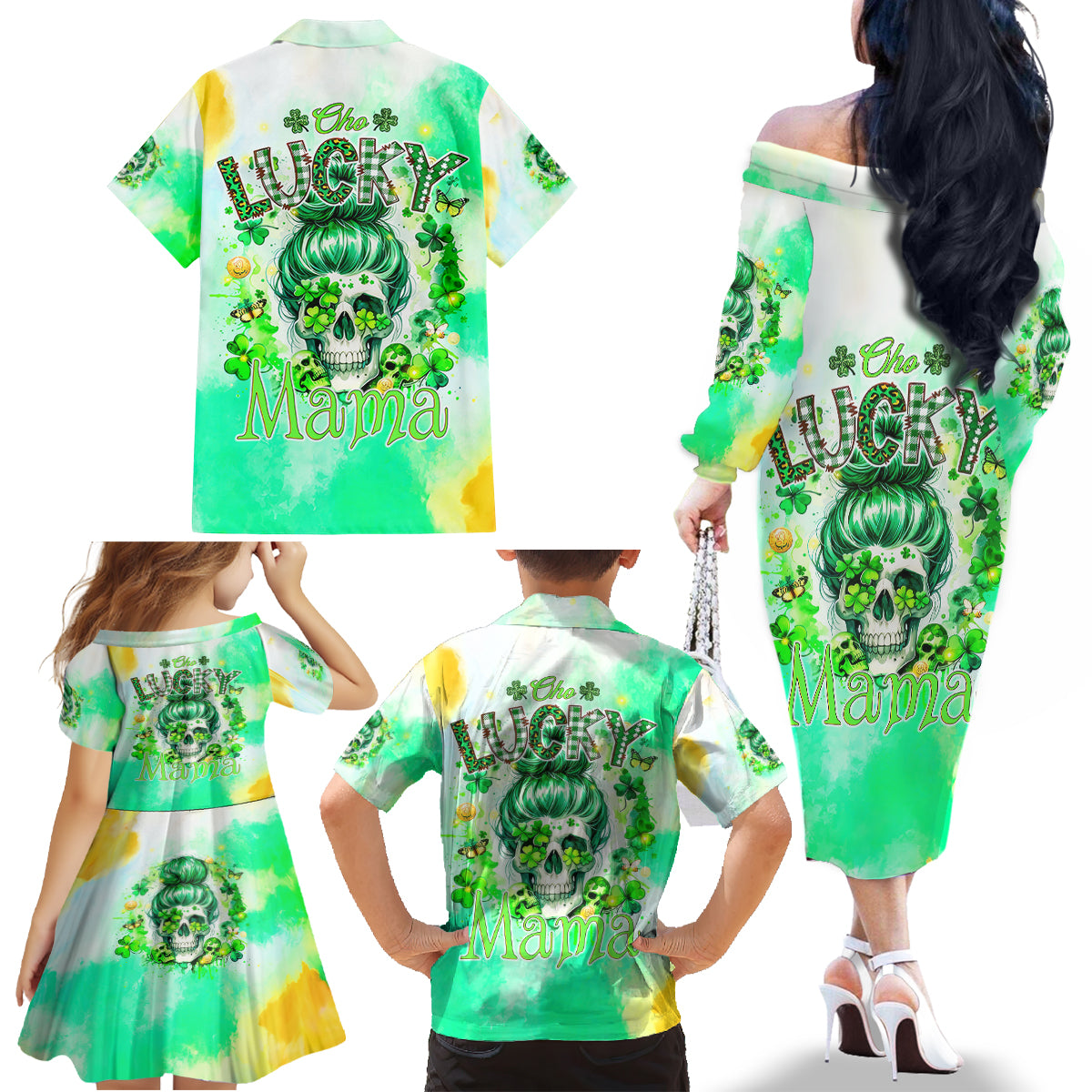 Irish Skull Family Matching Off Shoulder Long Sleeve Dress and Hawaiian Shirt Oho Lucky Mama - Wonder Print Shop