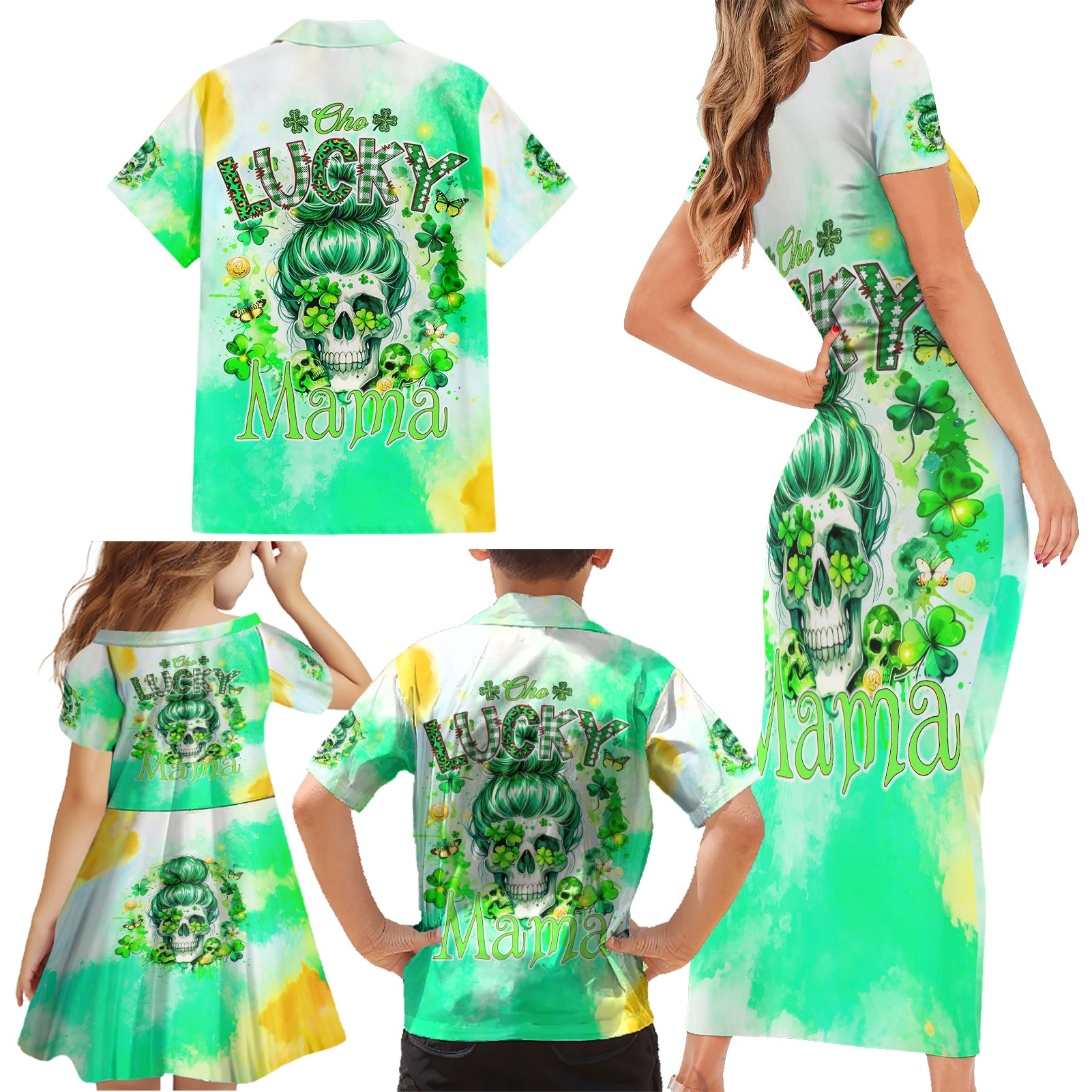 Irish Skull Family Matching Short Sleeve Bodycon Dress and Hawaiian Shirt Oho Lucky Mama - Wonder Print Shop