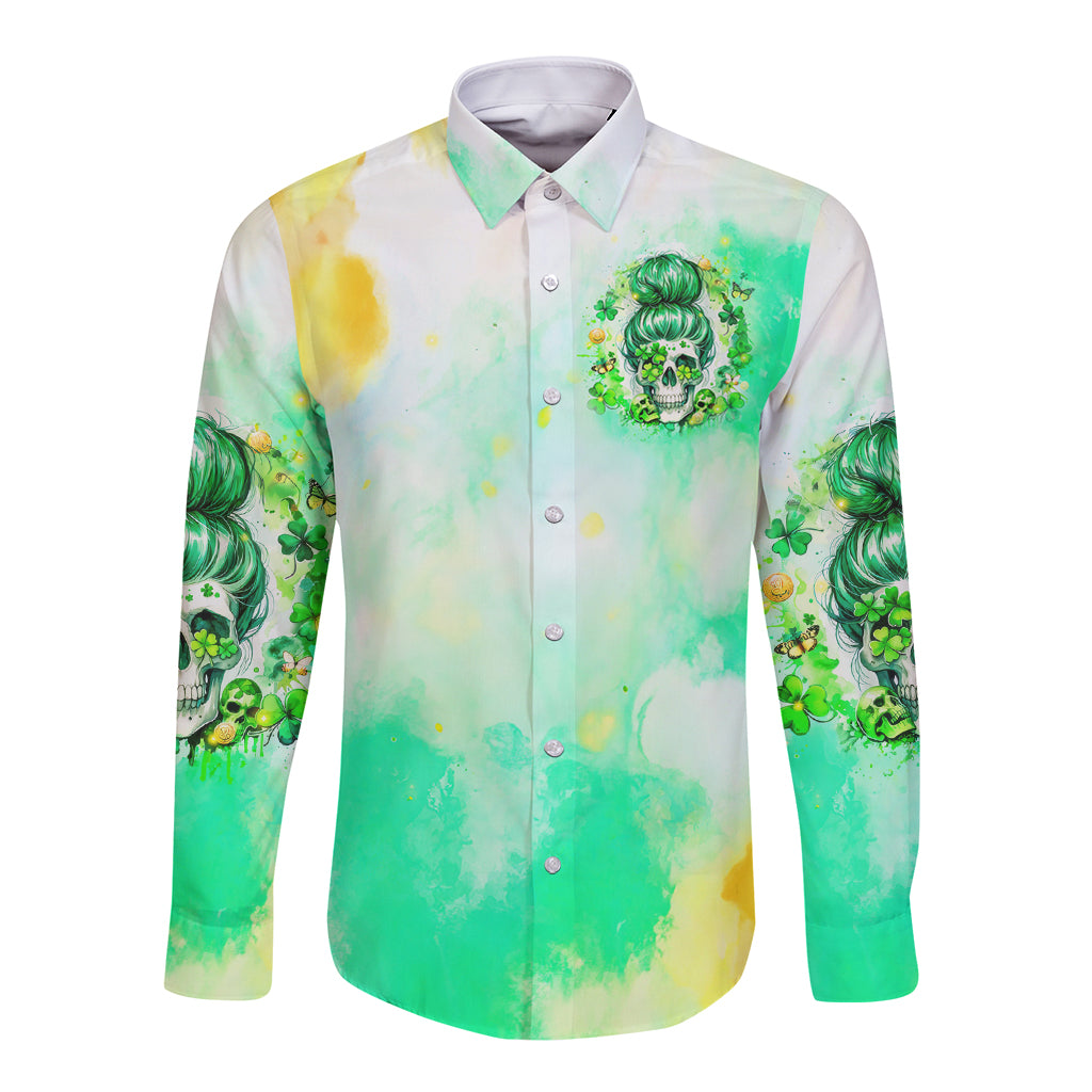 Long-sleeve button shirt with chest crest and green watercolor pattern