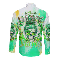 Long-sleeve button shirt with green skull and clover graphic on back