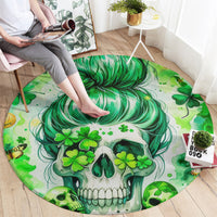 Circular green skull and clover swirl rug on the floor, round shape graphic design