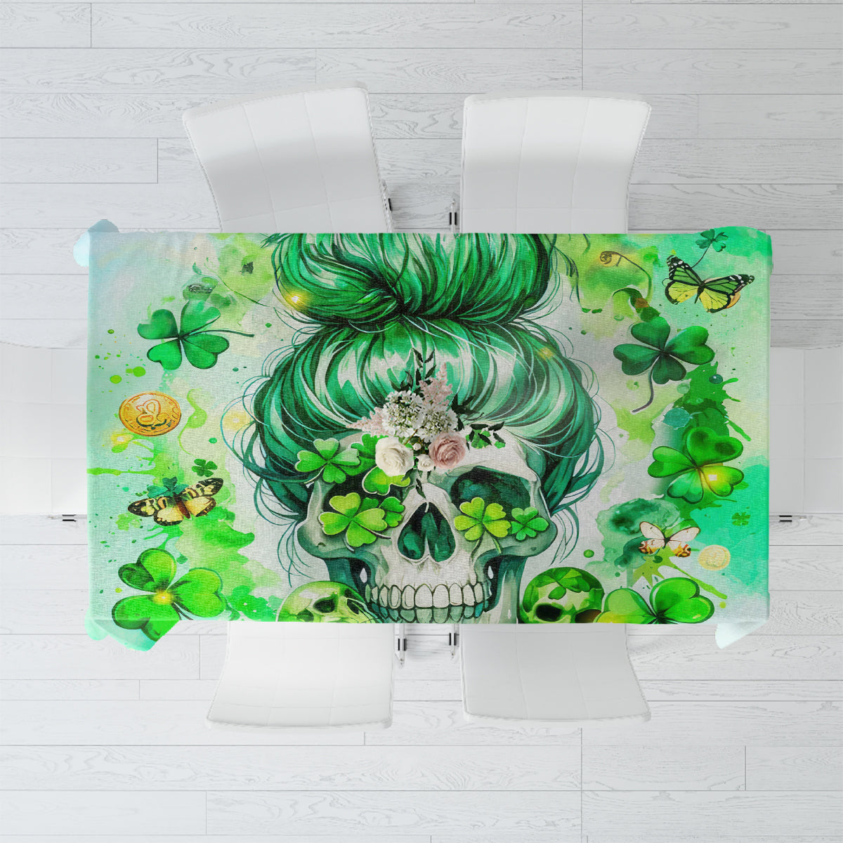 Green tablecloth with Irish skull and shamrock print, rectangular design over chairs.