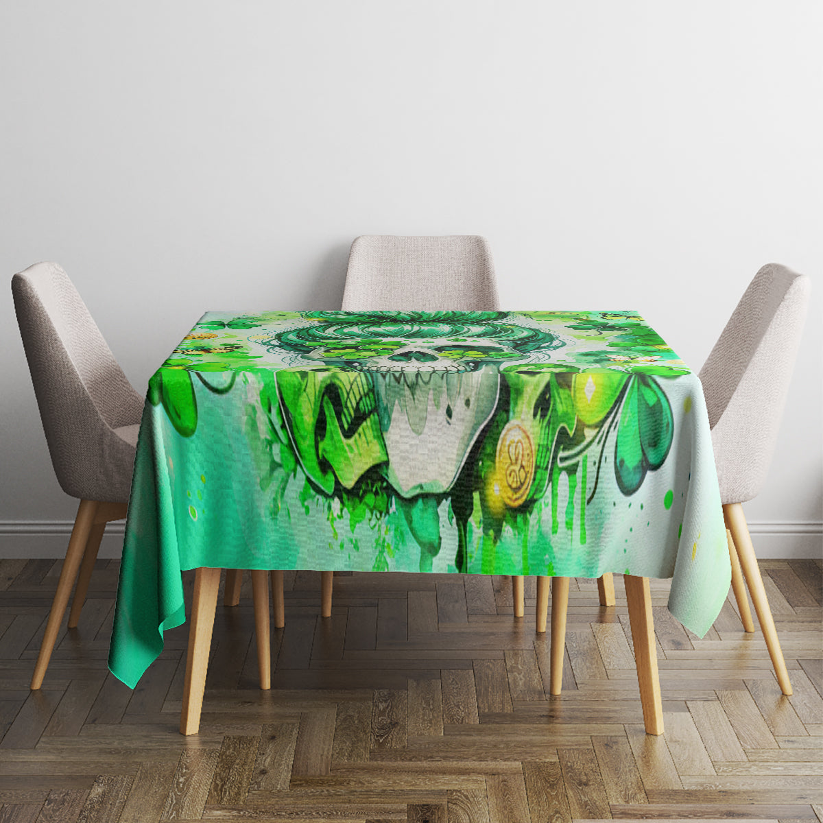 Green Irish skull tablecloth with shamrock design, centered over a square dining table.