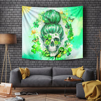 Green Irish skull tapestry showing skull with clover patterns and shamrock decorations
