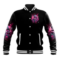 Black unisex baseball jacket front button-up with pink floral skull witch chest graphic