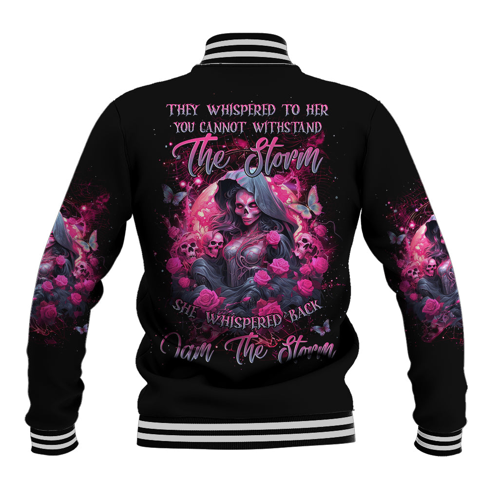 Black unisex baseball jacket with pink skull witch back graphic and striped ribbed collar