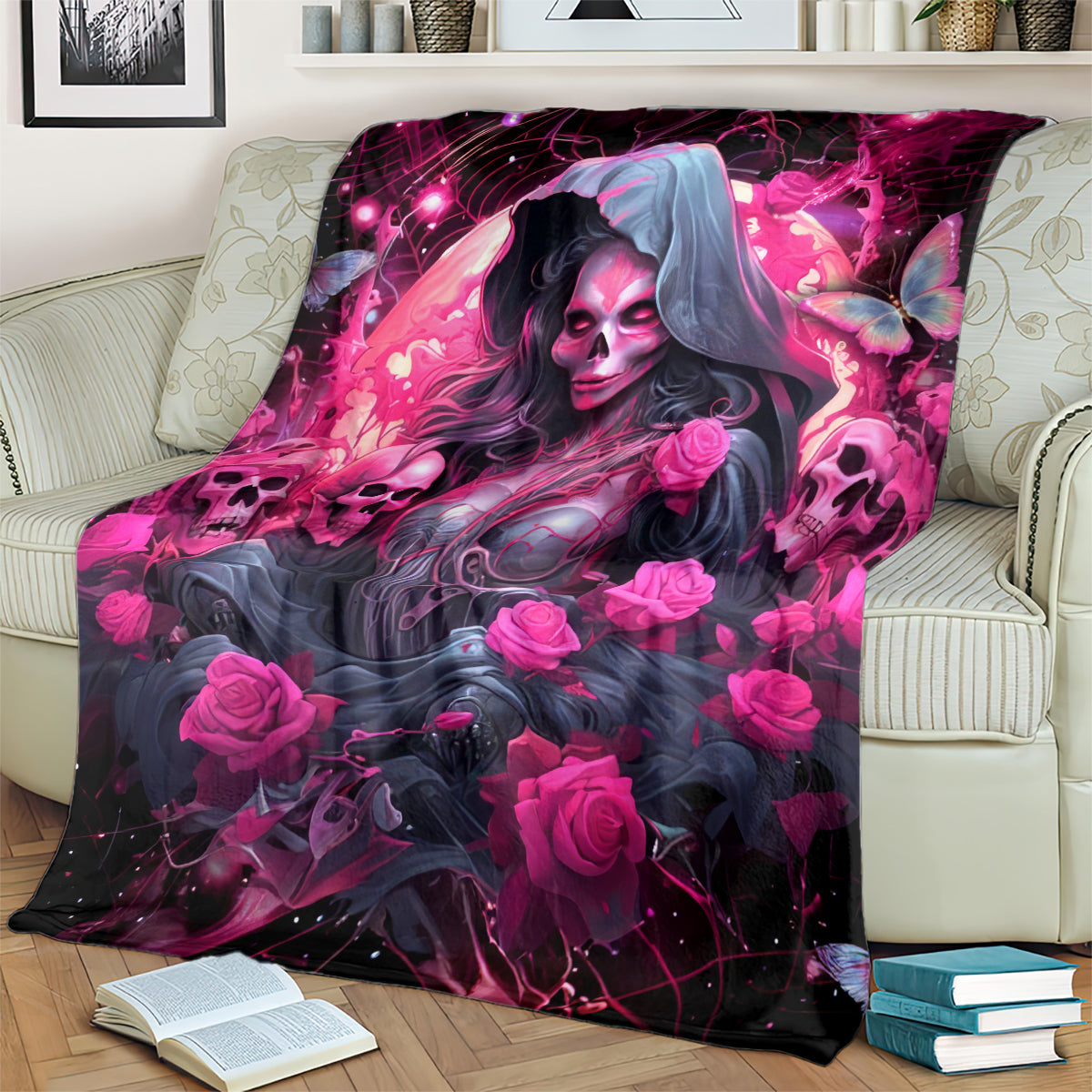 Black and magenta witch skull blanket featuring a hooded woman, roses, and glowing lights