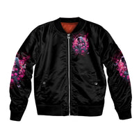 Black bomber jacket with front zipper and purple floral witch skull graphic on chest