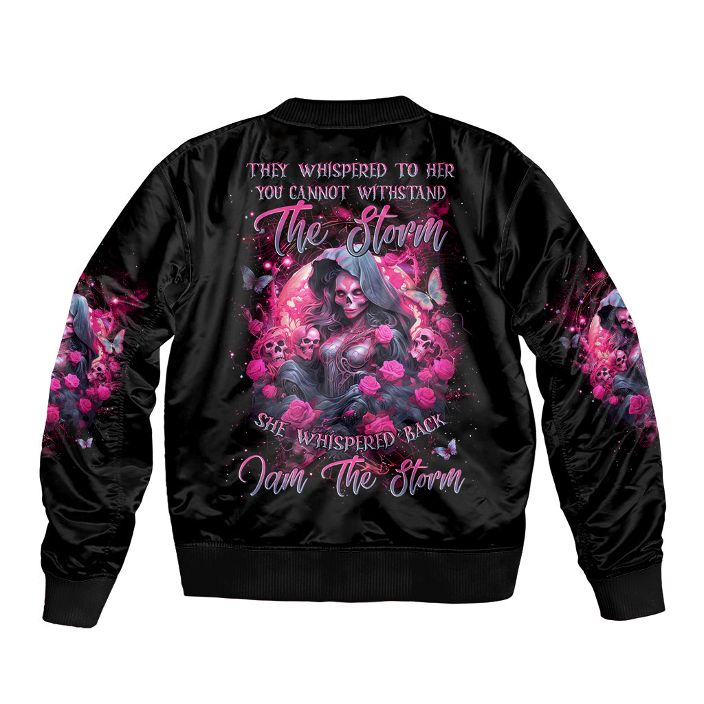 Black bomber jacket with witch skull and floral artwork on the back, ribbed collar