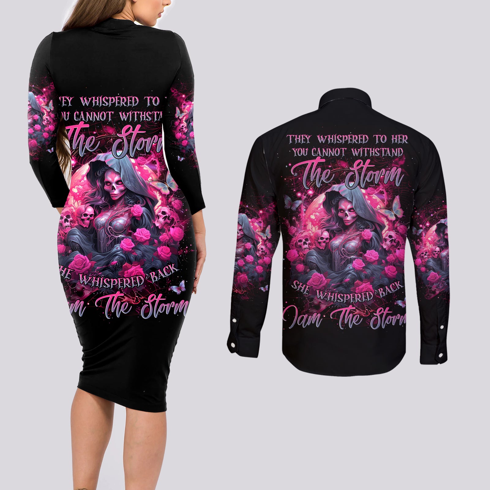 Witch Skull Couples Matching Long Sleeve Bodycon Dress and Long Sleeve Button Shirt They Whispered To Her You Cannot Withstand The Storm - Wonder Print Shop