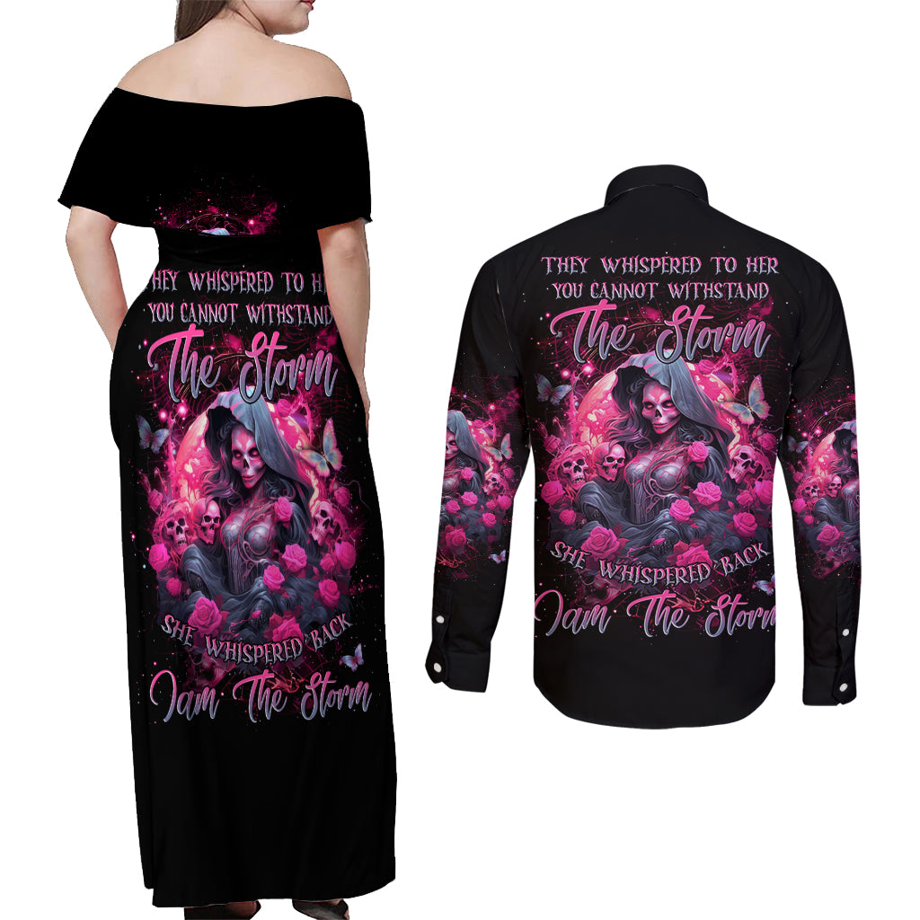 Witch Skull Couples Matching Off Shoulder Maxi Dress and Long Sleeve Button Shirt They Whispered To Her You Cannot Withstand The Storm - Wonder Print Shop