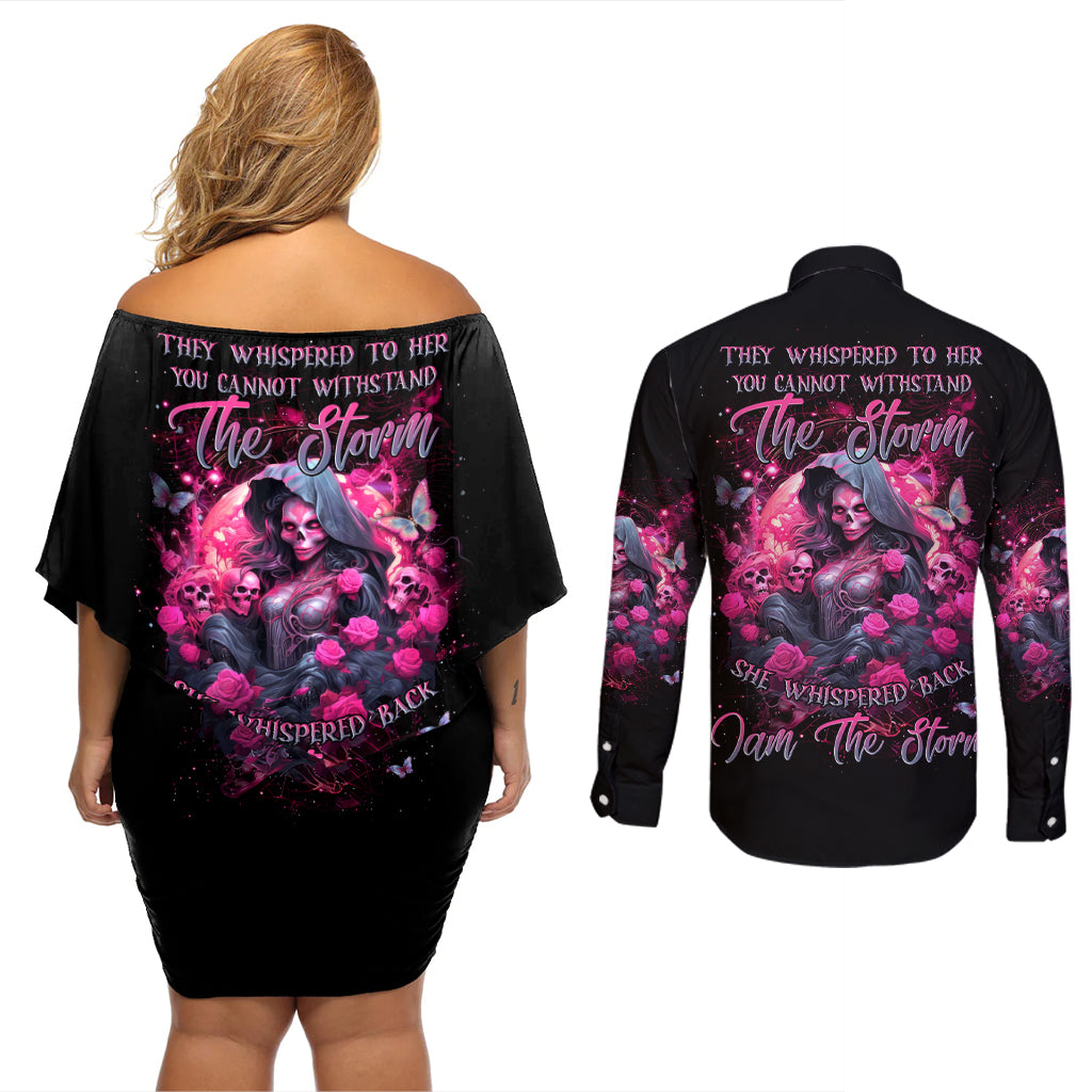 Witch Skull Couples Matching Off Shoulder Short Dress and Long Sleeve Button Shirt They Whispered To Her You Cannot Withstand The Storm - Wonder Print Shop