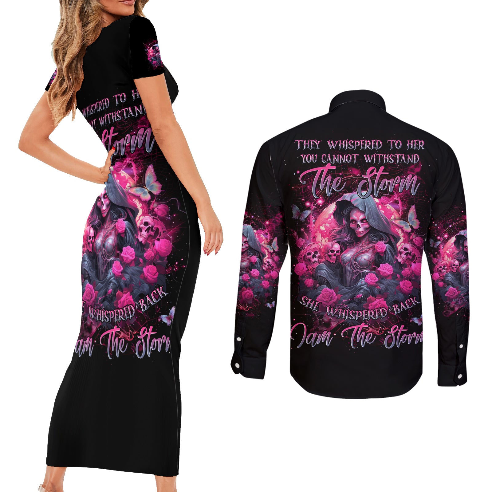 Witch Skull Couples Matching Short Sleeve Bodycon Dress and Long Sleeve Button Shirt They Whispered To Her You Cannot Withstand The Storm - Wonder Print Shop