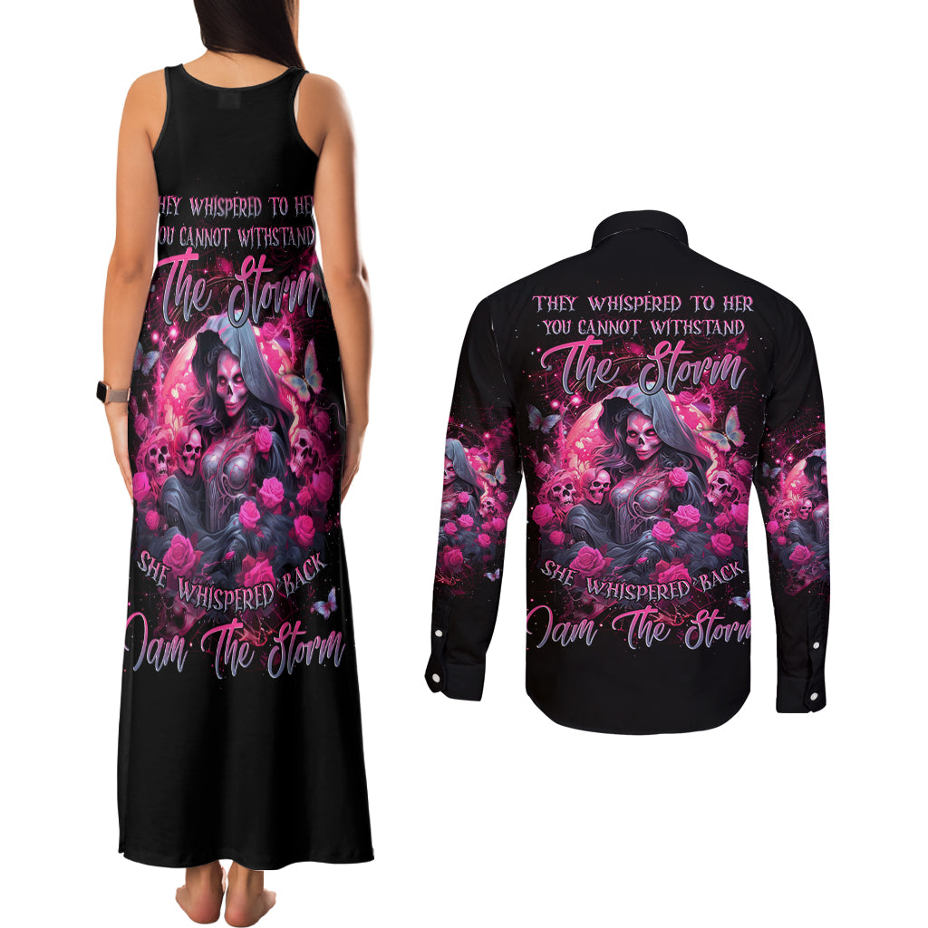 Witch Skull Couples Matching Tank Maxi Dress and Long Sleeve Button Shirt They Whispered To Her You Cannot Withstand The Storm - Wonder Print Shop