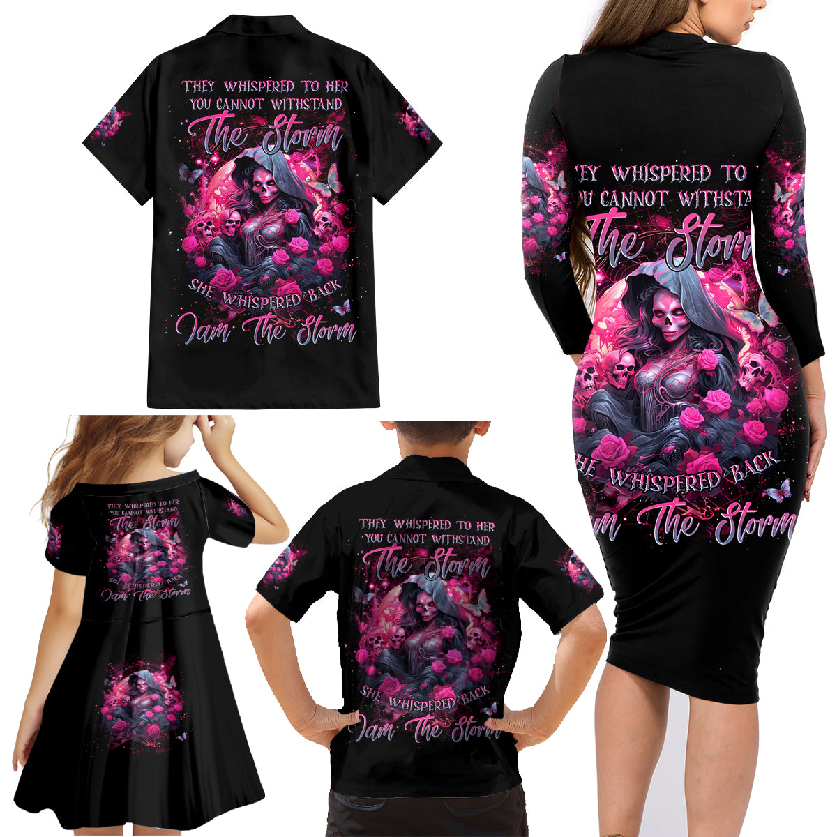 Witch Skull Family Matching Long Sleeve Bodycon Dress and Hawaiian Shirt They Whispered To Her You Cannot Withstand The Storm - Wonder Print Shop