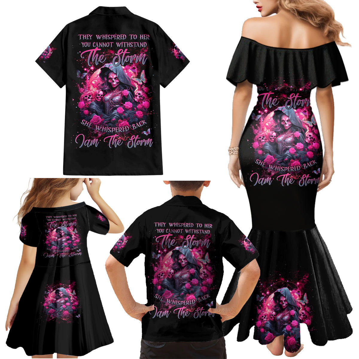 Witch Skull Family Matching Mermaid Dress and Hawaiian Shirt They Whispered To Her You Cannot Withstand The Storm - Wonder Print Shop