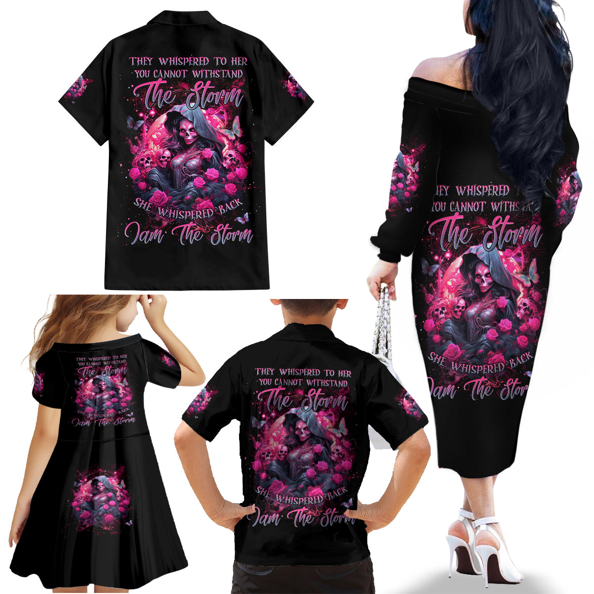 Witch Skull Family Matching Off Shoulder Long Sleeve Dress and Hawaiian Shirt They Whispered To Her You Cannot Withstand The Storm - Wonder Print Shop