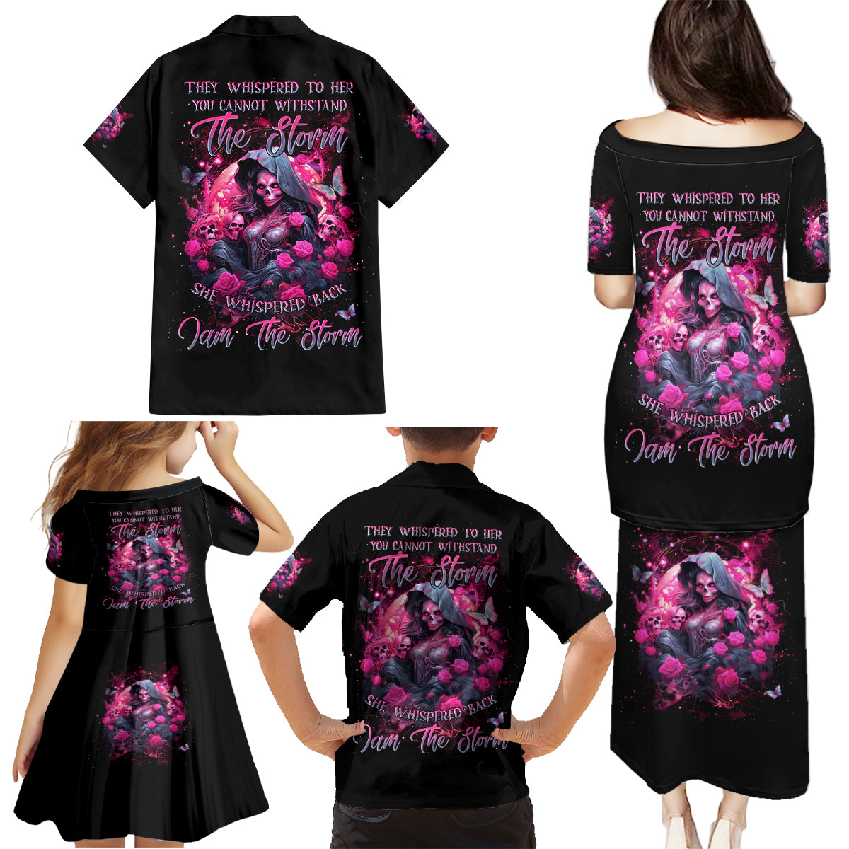 Witch Skull Family Matching Puletasi and Hawaiian Shirt They Whispered To Her You Cannot Withstand The Storm - Wonder Print Shop