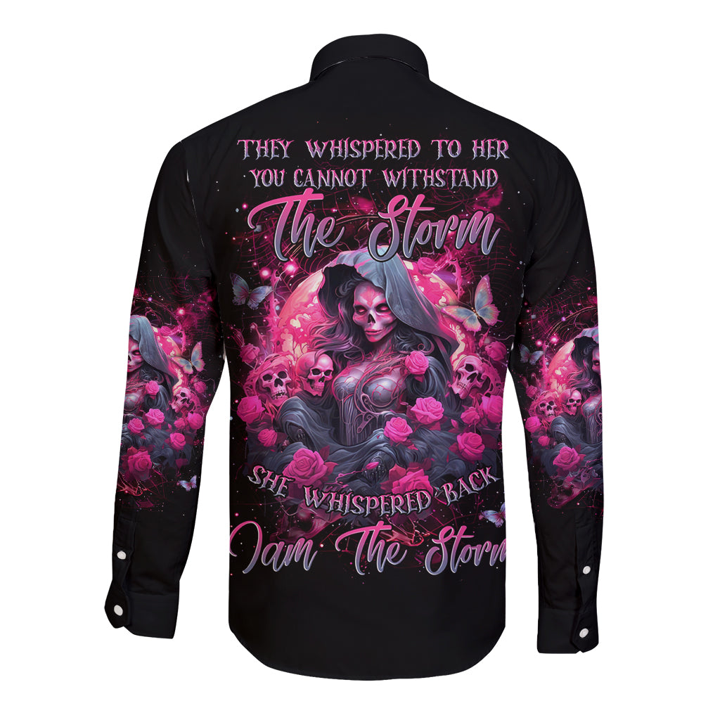 Witch Skull Long Sleeve Button Shirt They Whispered To Her You Cannot Withstand The Storm - Wonder Print Shop