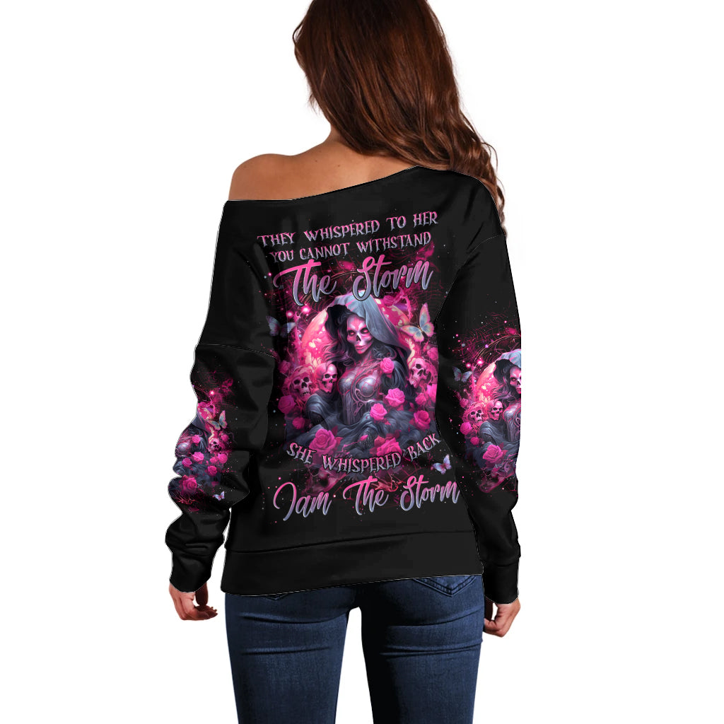 Witch Skull Off Shoulder Sweater They Whispered To Her You Cannot Withstand The Storm - Wonder Print Shop