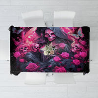 Black tablecloth with witch skull, roses, butterflies and pink-purple fantasy print