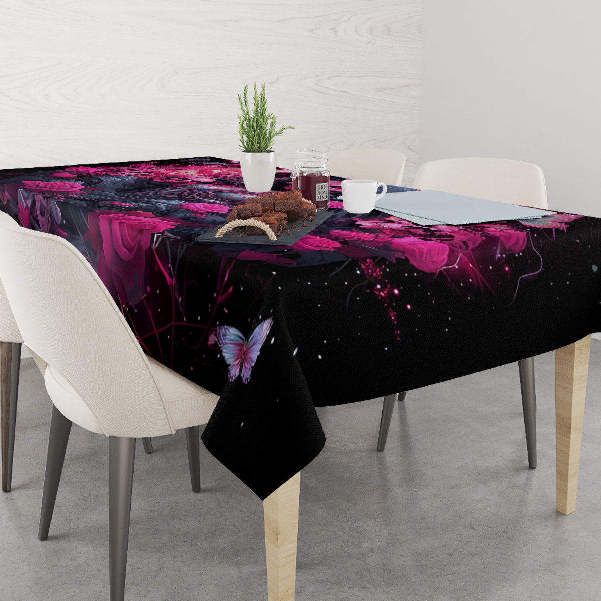 Black tablecloth with purple-pink fantasy artwork, butterfly and roses on dining table