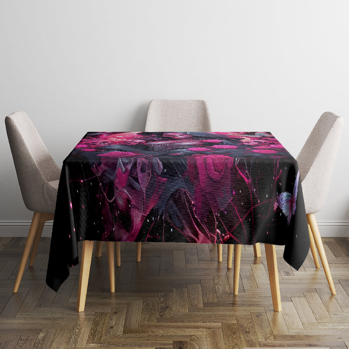Black tablecloth with purple-pink witch-themed print and butterfly on dining table