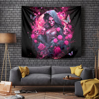 Black witch skull tapestry with pink roses, skulls, butterflies, and magenta glow
