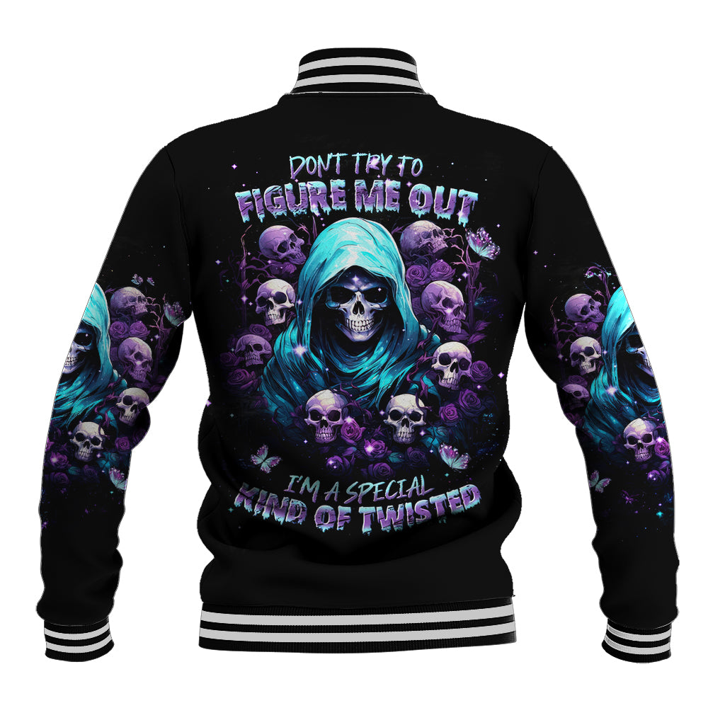 Black baseball jacket with blue skull reaper graphic and purple skulls, ribbed cuffs