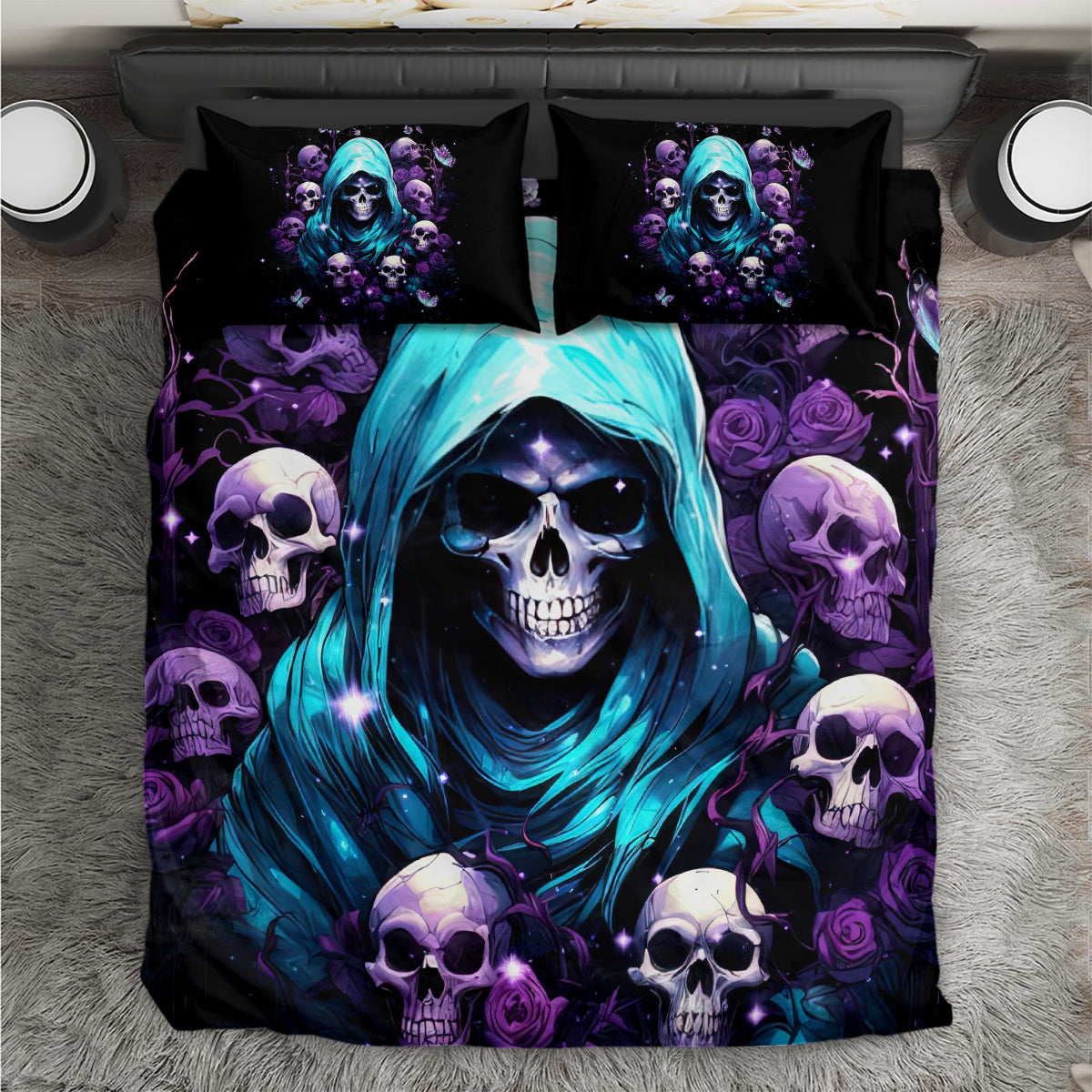 Skull and hooded reaper bedding set with black duvet, teal hood, purple skulls and roses