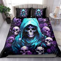 Skull and hooded reaper duvet set with two pillowcases; black fabric, teal face, purple skulls