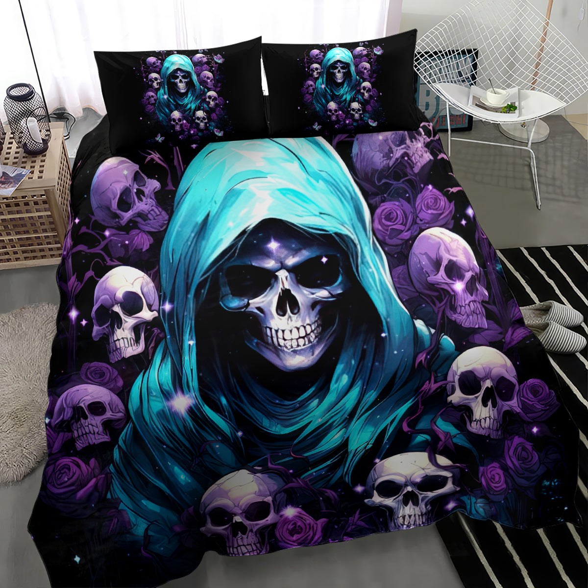Skull and hooded reaper bedding set featuring black duvet with teal hooded skull face, purple skulls