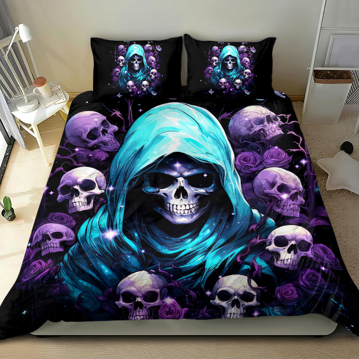 Skull and hooded reaper bedding set: black duvet with teal hood, purple skulls and roses, 2 pillows