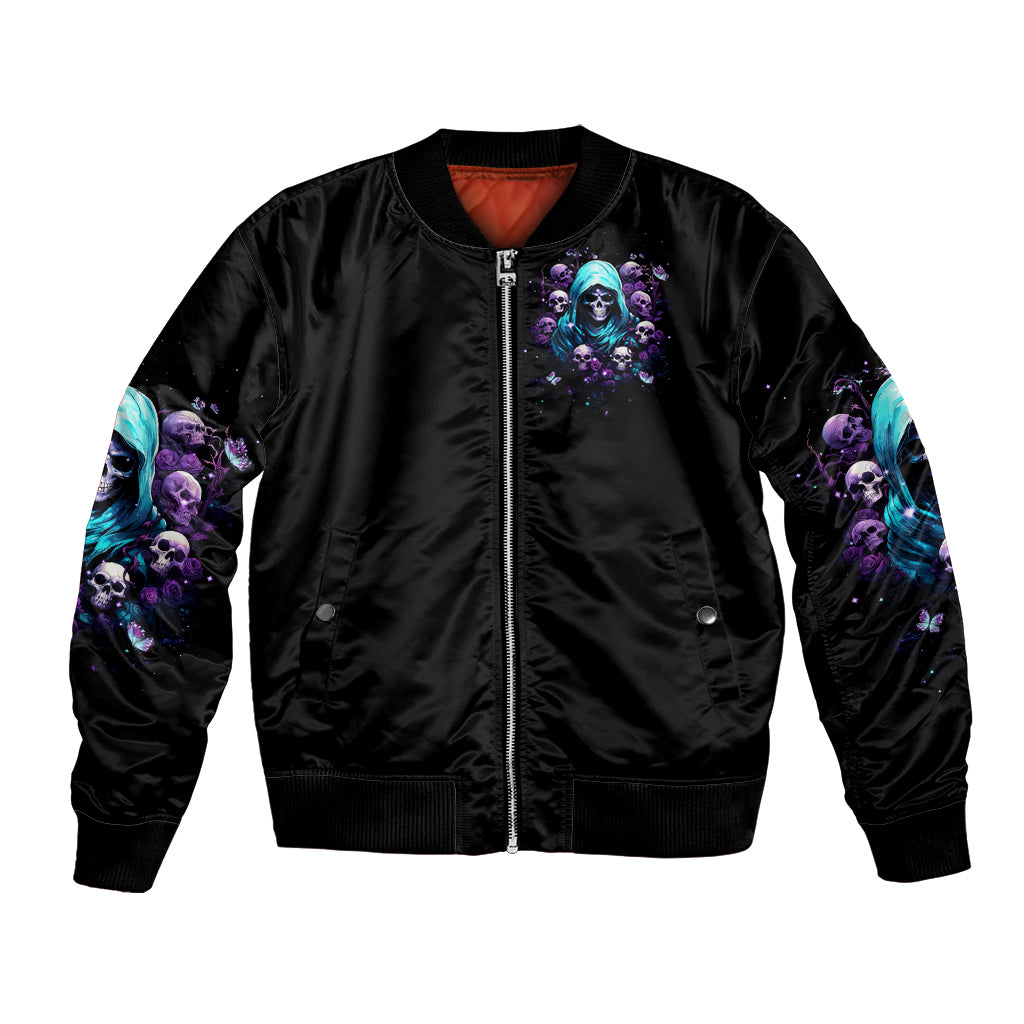 Black zip-up bomber jacket with purple and blue skull graphic on chest