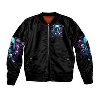 Black zip-up bomber jacket with purple and blue skull graphic on chest